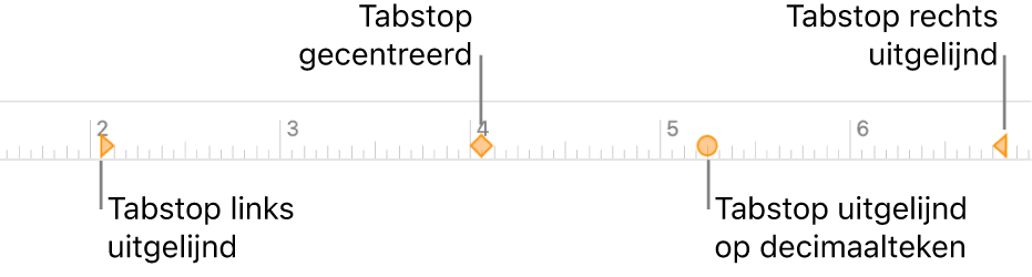 De liniaal met indicatoren voor linker- en rechteralineamarge, inspringing van eerste regel en linkertabstop, gecentreerde tabstop, rechtertabstop of decimale tabstop.