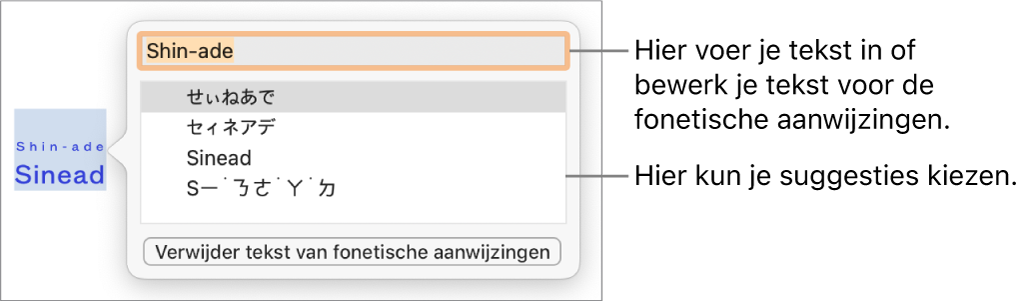 De fonetische aanwijzingen voor een woord, met uitleg bij het tekstveld en de voorgestelde tekst.