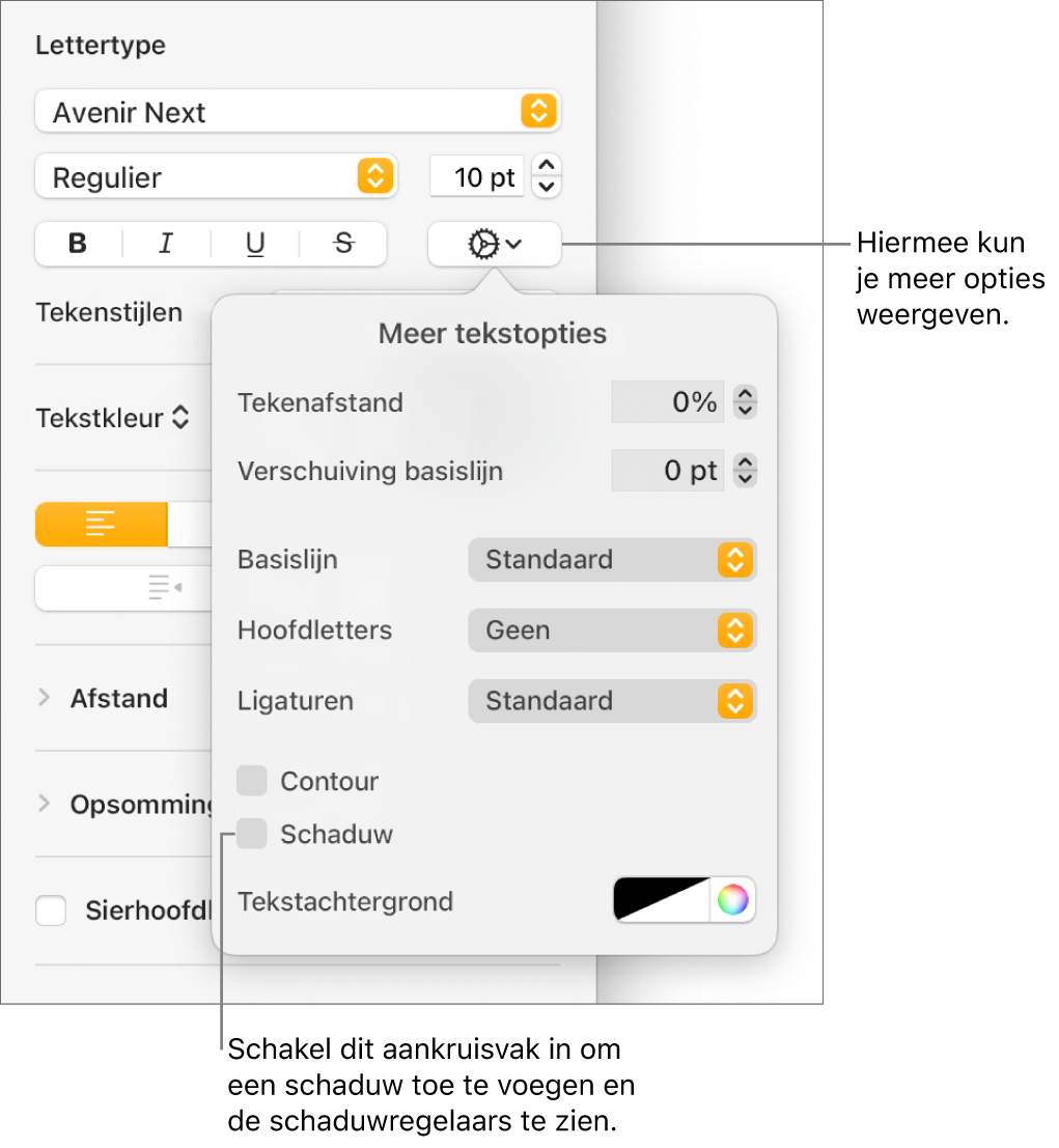 Het menu met geavanceerde opties met het aankruisvak 'Schaduw' ingeschakeld en regelaars voor het instellen van de vervaging, afstand, ondoorzichtigheid, hoek en kleur.