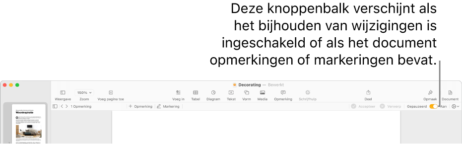 De Pages-knoppenbalk met de functie voor het bijhouden van wijzigingen ingeschakeld, en onder de Pages-knoppenbalk de knoppenbalk met controlefuncties.