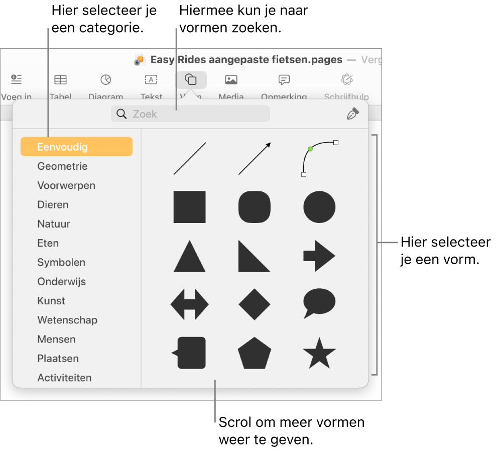 De vormenbibliotheek met links een lijst met categorieën en rechts vormen. Je kunt het zoekveld bovenaan gebruiken om vormen te zoeken. Scrol om meer opties weer te geven.