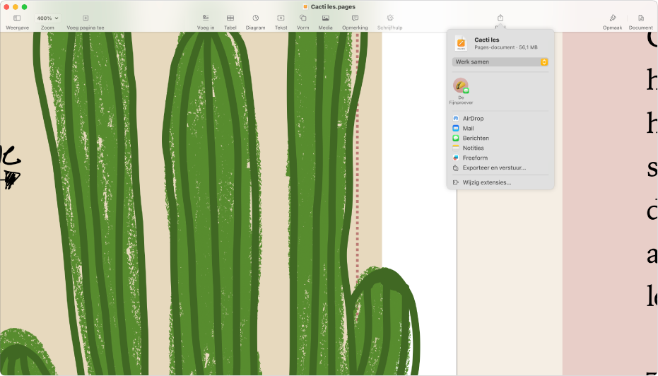 Een geopend document waarin het Deel-menu geopend is.
