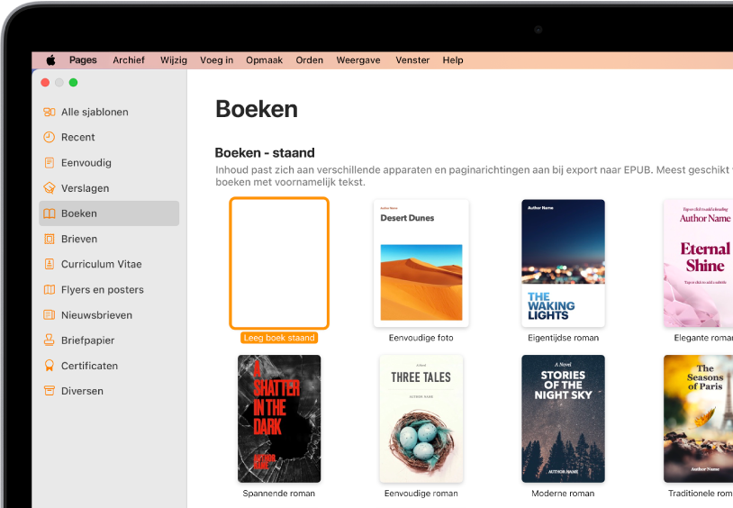 De sjabloonkiezer waarin 'Boeken' is geselecteerd in de lijst met categorieën aan de linkerkant. Aan de rechterkant staan boeksjablonen met de paginarichting 'Staand'.