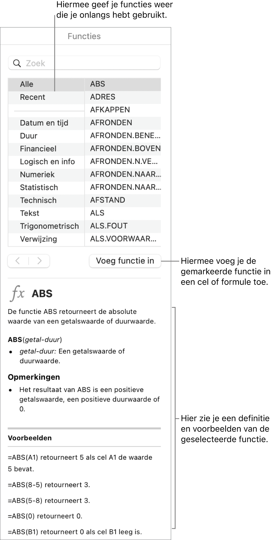 De functiekiezer met uitleg bij recent gebruikte functies, de knop 'Voeg functie in' en de omschrijving van de functie.