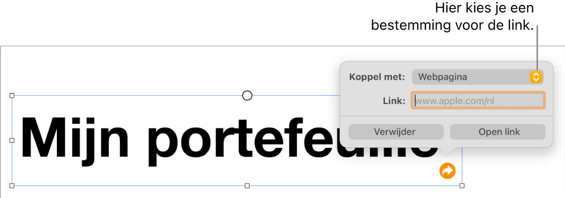 De regelaars in de linkeditor. 'Webpagina' is geselecteerd en onderaan staan de knoppen 'Verwijder' en 'Open link'.