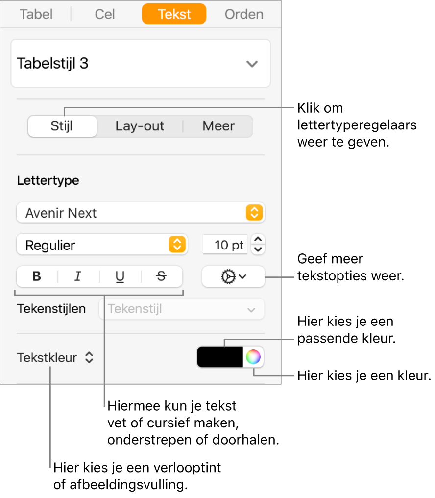 De regelaars voor tabeltekststijlen.