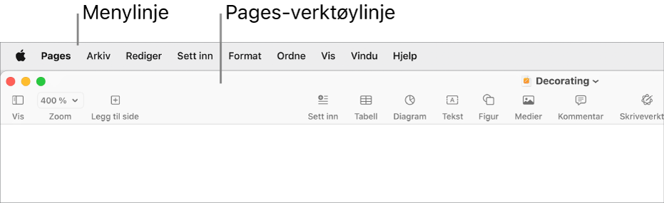 Menylinjen øverst på skjermen med menyene Apple, Pages, Arkiv, Rediger, Sett inn, Format, Ordne, Vis, Vindu og Hjelp. Under menylinjen er det et åpent Pages-dokument med verktøylinjeknapper øverst for Vis, Zoom, Legg til side, Sett inn, Tabell, Diagram, Tekst, Figur, Medier, Kommentar, Del og Format.