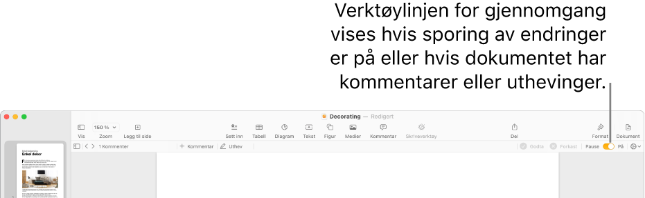 Pages-verktøylinjen med Spor endringer slått på, og gjennomgangsverktøylinjen under.