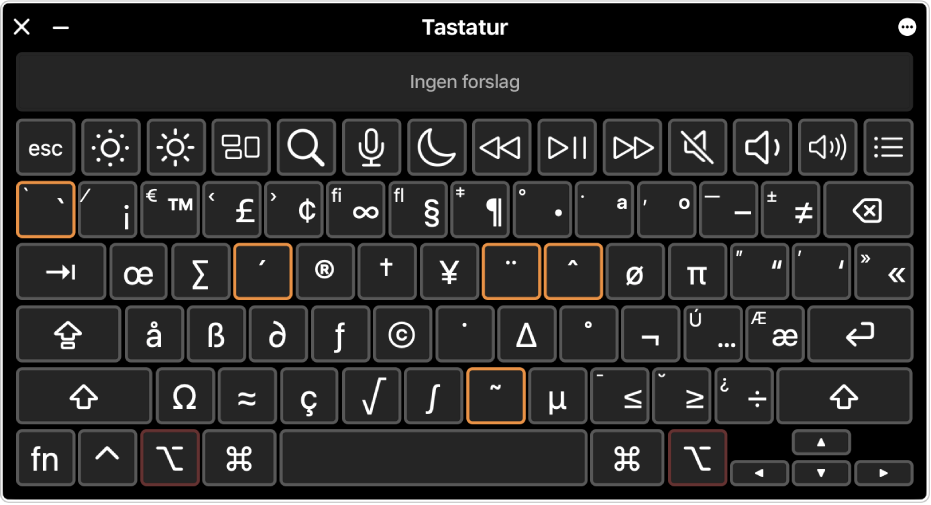 Tastaturvisning åpen med uthevede dødtaster.