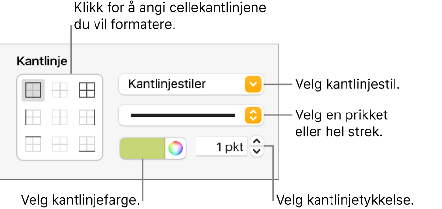 Kontroller for å angi stil for cellekantlinjer.