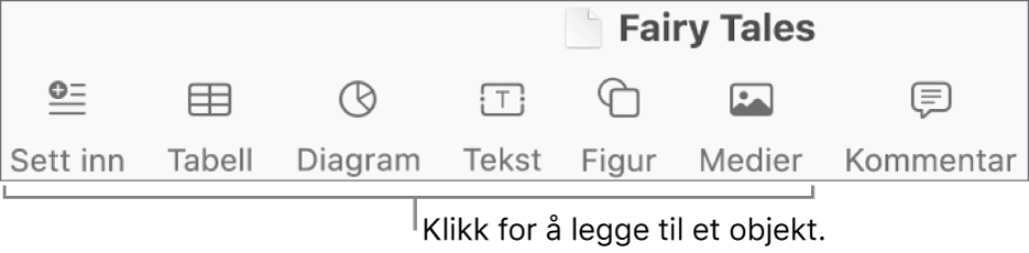 Verktøylinjen, med knapper for å legge til tabeller, diagrammer, tekst, figurer og medier.