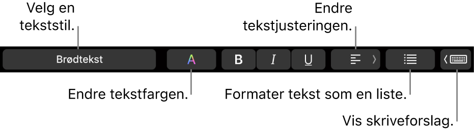 Touch Bar på MacBook Pro med kontroller for å velge en tekststil, endre tekstfargen, endre tekstjusteringen, formatere tekst som en liste og vise tekstforslag.