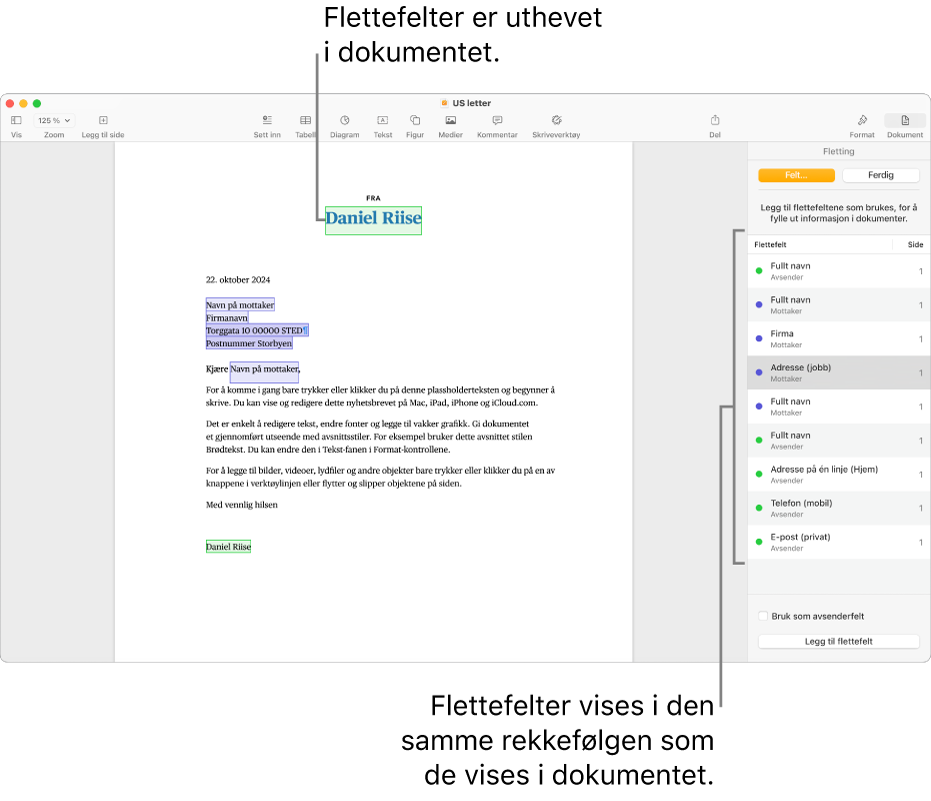 Pages-dokument med flettefelt for mottaker og avsender og en forekomstliste for flettefelt synlig i Dokument-sidepanelet.