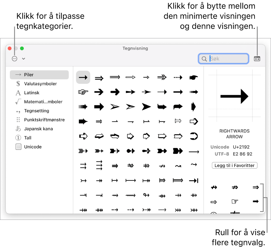 Den utvidede Tegnvisning viser spesialtegn og symboler, en meny for ulike kategorier med symboler til venstre, og en knapp øverst til høyre som lar deg gå tilbake til den minimerte visningen.