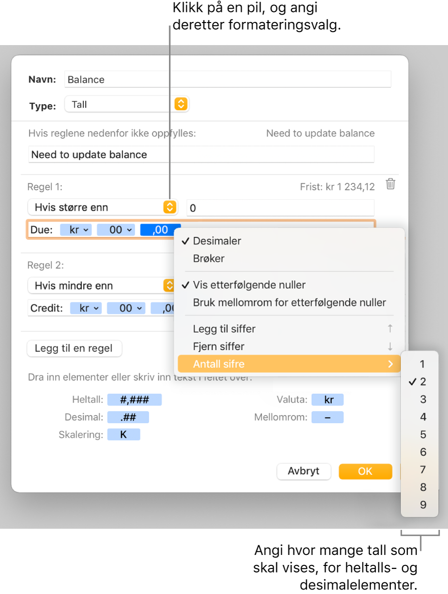 Tilpasset celleformat-vinduet, med kontroller for å velge tilpassede formateringsalternativer.