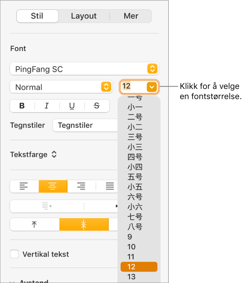 Stil-delen i Format-sidepanelet med fontstørrelselokalmenyen åpen. Fontstørrelsene som kinesiske myndigheter har satt som standard, vises øverst i lokalmenyen med punktstørrelser nedenfor.