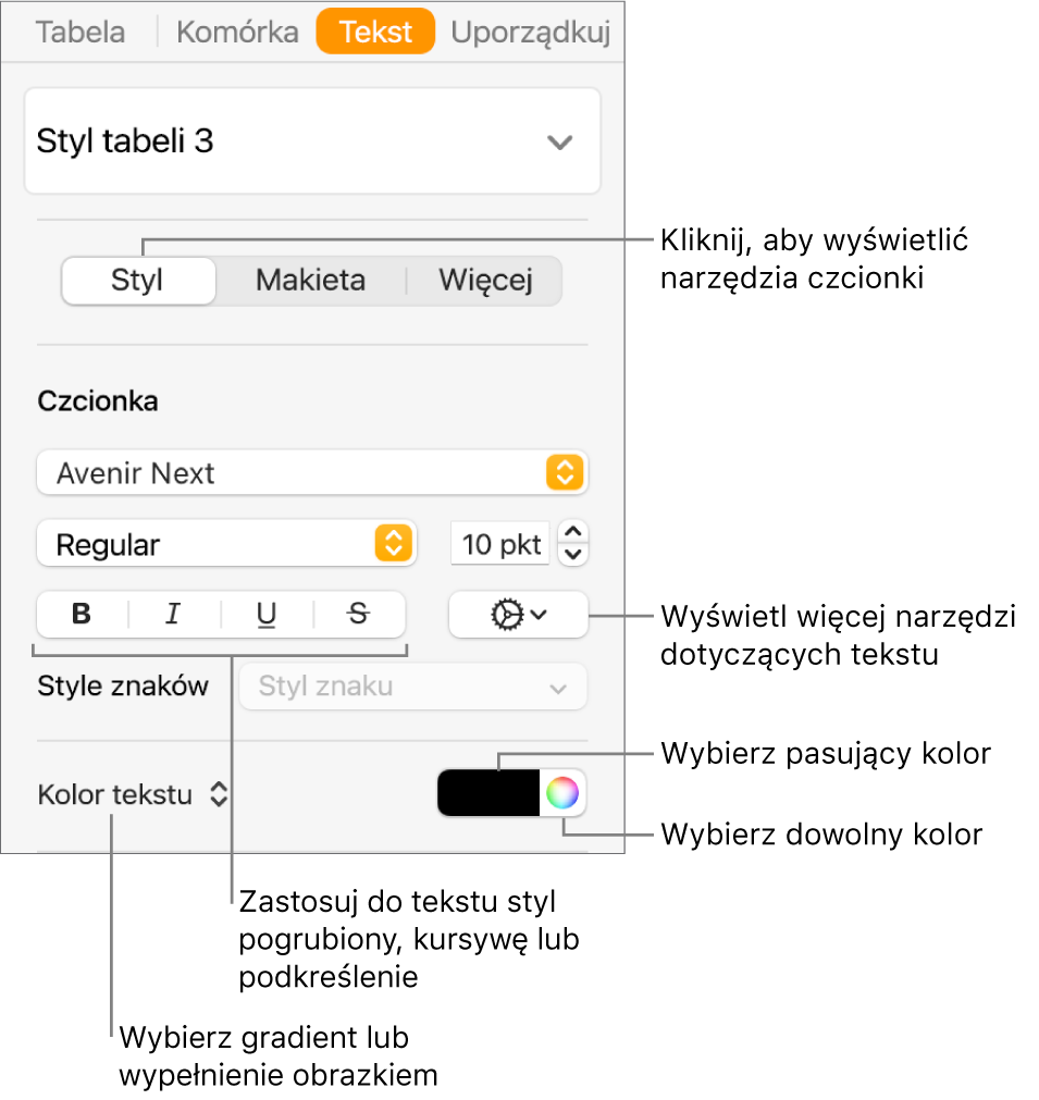 Narzędzia edycji stylu tekstu w tabeli.