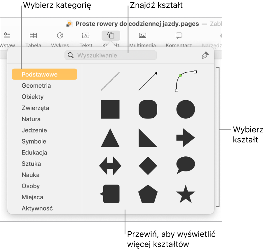 Biblioteka kształtów, po lewej widoczna jest lista kategorii, a po prawej wyświetlane są kształty. Możesz użyć znajdującego się na górze pola wyszukiwania, aby wyszukiwać kształty. Przewiń, aby zobaczyć ich więcej.