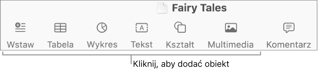 Pasek narzędzi z przyciskami dodawania tabel, wykresów, tekstu, kształtów i multimediów.