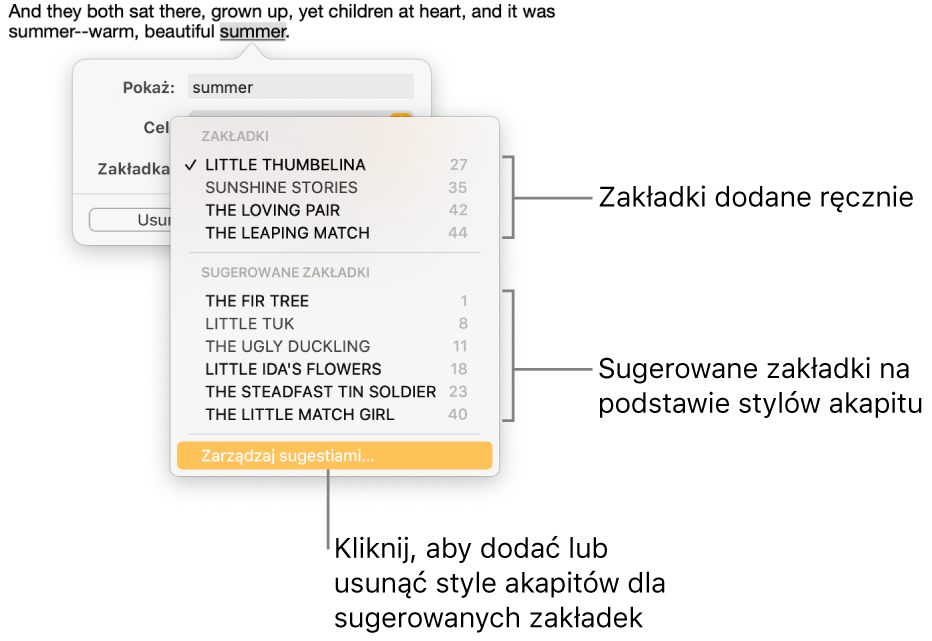 Lista zakładek rozpoczynająca się od zakładek dodanych ręcznie, poniżej których widoczne są sugerowane zakładki. Na dole znajduje się przycisk Zarządzaj sugestiami.