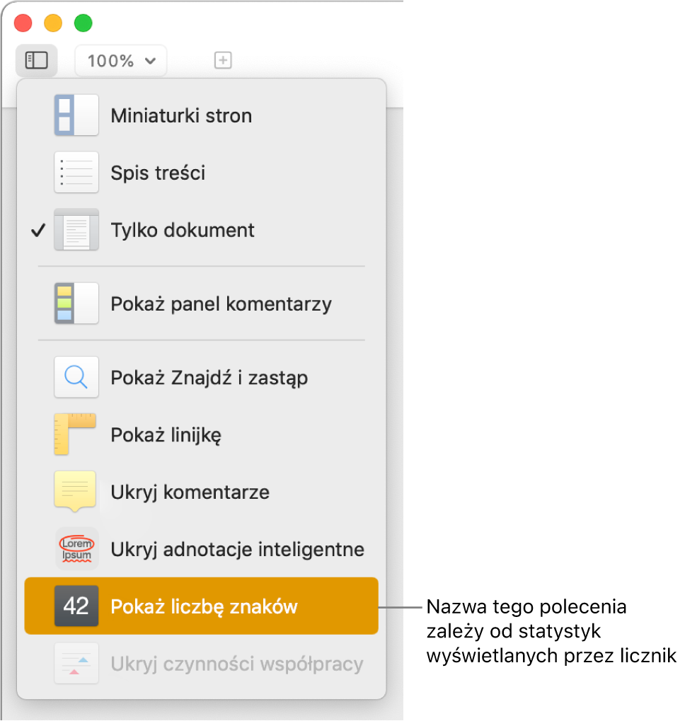 Rozwinięte menu Widok z widocznym na dole poleceniem Pokaż liczbę znaków.
