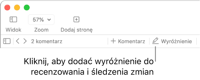 Pasek menu zawierający menu Wstaw, a pod nim pasek narzędzi Pages z narzędziami recenzenta oraz objaśnieniem do przycisku Wyróżnij.