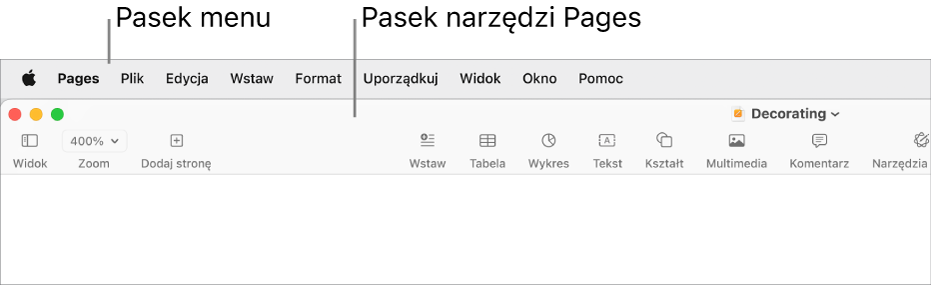 Pasek menu na górze ekranu, zawierający menu Apple, Pages, Plik, Edycja, Wstaw, Format, Uporządkuj, Widok, Udostępnij, Okno oraz Pomoc. Poniżej paska menu widoczny jest otwarty dokument Pages, zawierający w górnej części pasek narzędzi z przyciskami Widok, Zoom, Dodaj stronę, Wstaw, Tabela, Wykres, Tekst, Kształt, Multimedia oraz Komentarz.