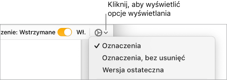 Menu opcji recenzenta z poleceniami Oznaczenia, Oznaczenia bez usunięć oraz Wersja ostateczna.