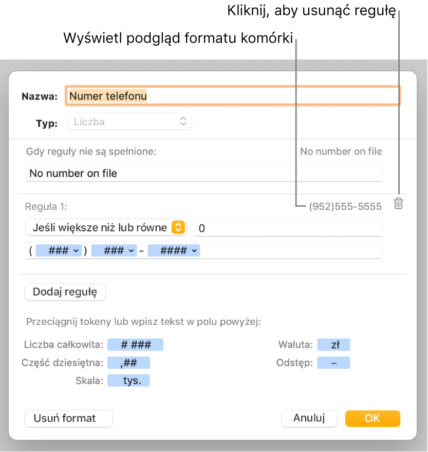 Okno własnego formatu z narzędziami wybierania własnego formatowania liczb.