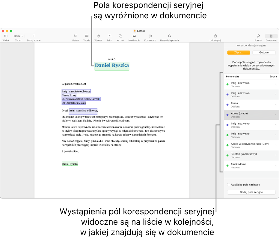 Dokument Pages z polami korespondencji seryjnej przeznaczonymi na dane odbiorcy i nadawcy. Na pasku bocznym Dokument widoczna jest lista wystąpień pól korespondencji seryjnej.