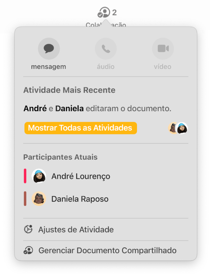 Menu de colaboração mostrando os nomes das pessoas que estão colaborando no documento.