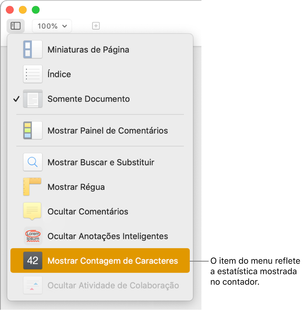 Menu Visualizar aberto com “Mostrar Contagem de Caracteres” próximo à parte inferior.