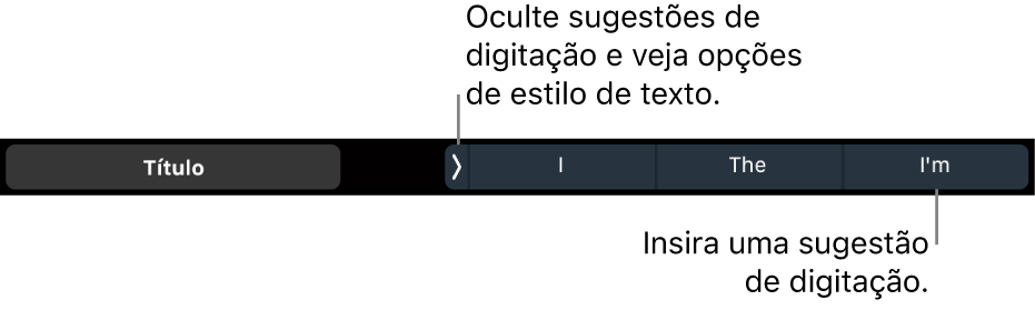Touch Bar do MacBook Pro, com controles para escolher um estilo de texto, ocultar sugestões de digitação e inserir sugestões de digitação.