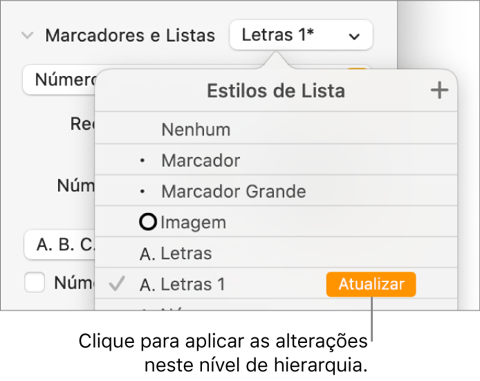 Menu pop-up “Estilos de Lista” com o botão Atualizar ao lado do nome do novo estilo.