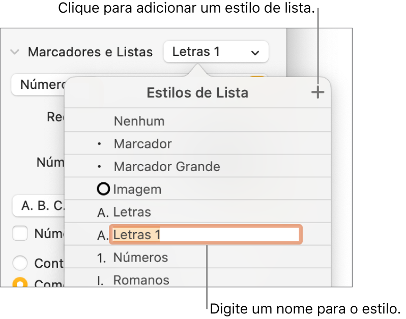 Menu pop-up “Estilos de Lista” com o botão Adicionar no canto superior direito e um nome de estilo de marcador de posição com o texto selecionado.