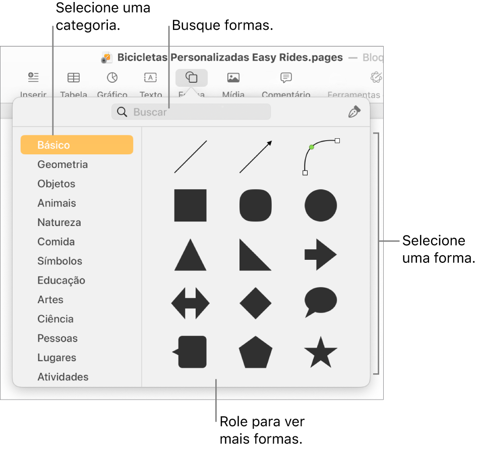 A biblioteca de formas, com categorias listadas à esquerda e formas exibidas à direita. Você pode utilizar o campo de busca na parte superior para encontrar formas e rolar para ver mais.