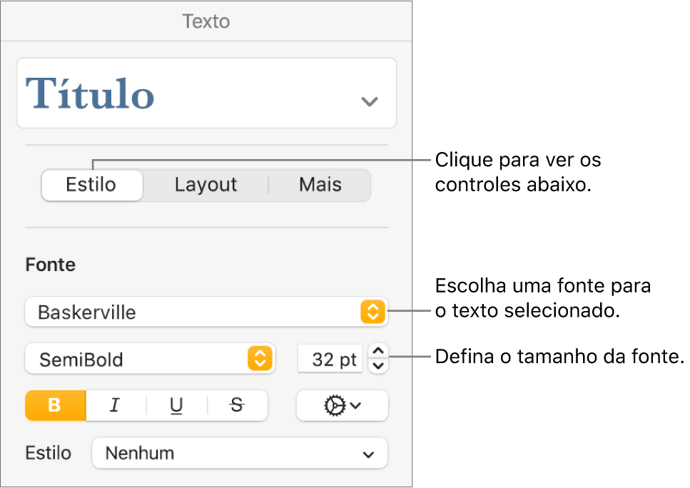 Controles de texto na seção Estilo da barra lateral Formatar para ajustar a fonte e o tamanho da fonte.