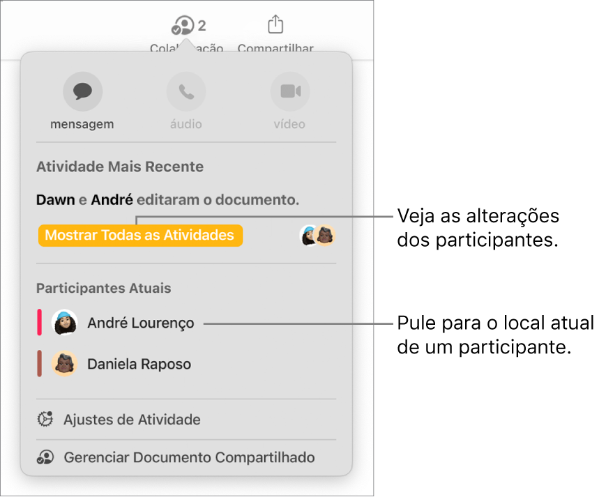 Menu de colaboração com dois participantes atuais listados.