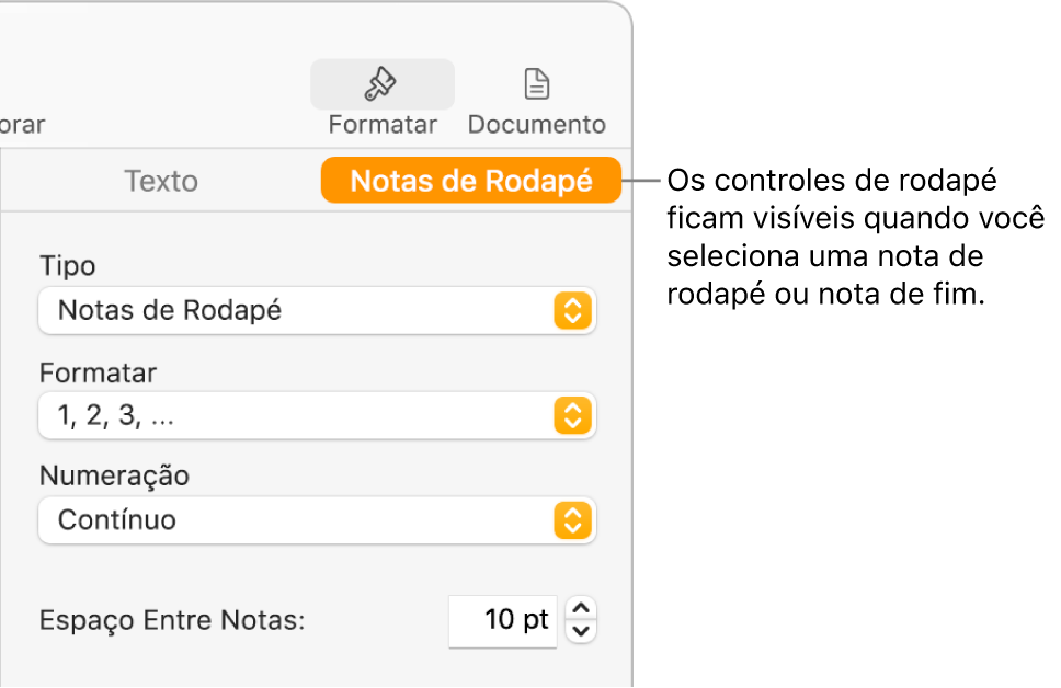 O painel Notas de rodapé, com menus locais para Tipo, Formato, Numeração e espaço entre notas.