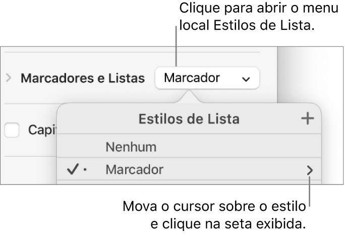 O menu pop-up Estilos de Lista com um estilo selecionado e uma seta em sua extrema direta.