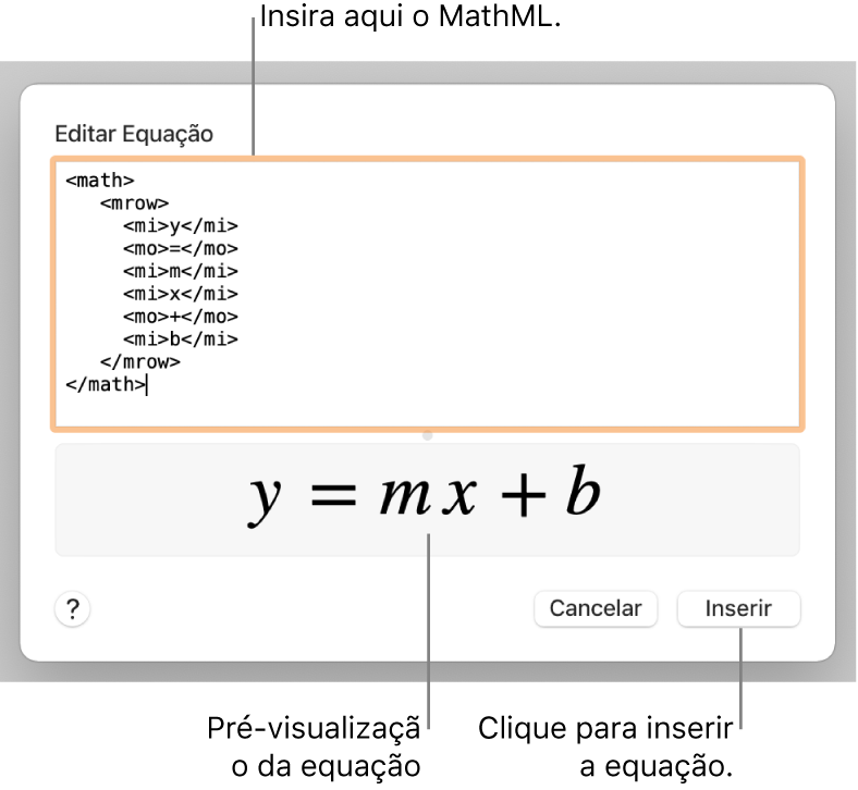 A equação da inclinação de uma linha no campo Editar Equação e uma pré-visualização da fórmula abaixo.