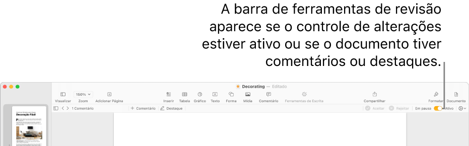 A barra de ferramentas do Pages com o controle de alterações ativado, e a barra de ferramentas de revisão abaixo da barra de ferramentas do Pages.