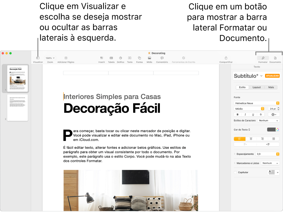 Janela do Pages com chamadas para o botão do menu Visualizar e os botões Formatar e Documento na barra de ferramentas Barras laterais abertas à esquerda e à direita.