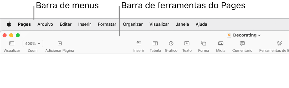 Barra de menus na parte superior da tela com os menus Apple, Pages, Arquivo, Editar, Inserir, Formatar, Organizar, Visualizar, Janela e Ajuda. Abaixo da barra de menus está um documento do Pages aberto com botões da barra de ferramentas ao longo da parte superior: Visualizar, Zoom, Adicionar Página, Inserir, Tabela, Gráfico, Texto, Forma, Mídia, Comentário, Compartilhar e Formatar.