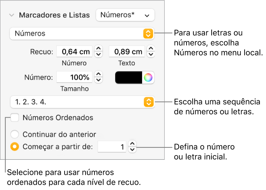 Controles para alterar o estilo dos números e espacejamento de uma lista.