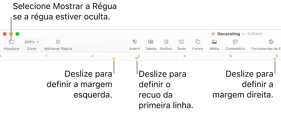 Régua com controle de margem esquerda e controle de recuo de primeira linha.