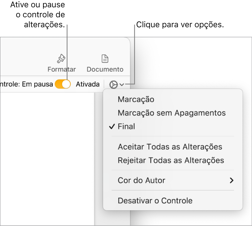 Menu de opções de controle mostrando Desativar o Controle na parte inferior e balões explicativos para os botões “Ativar o Controle” e Em pausa.