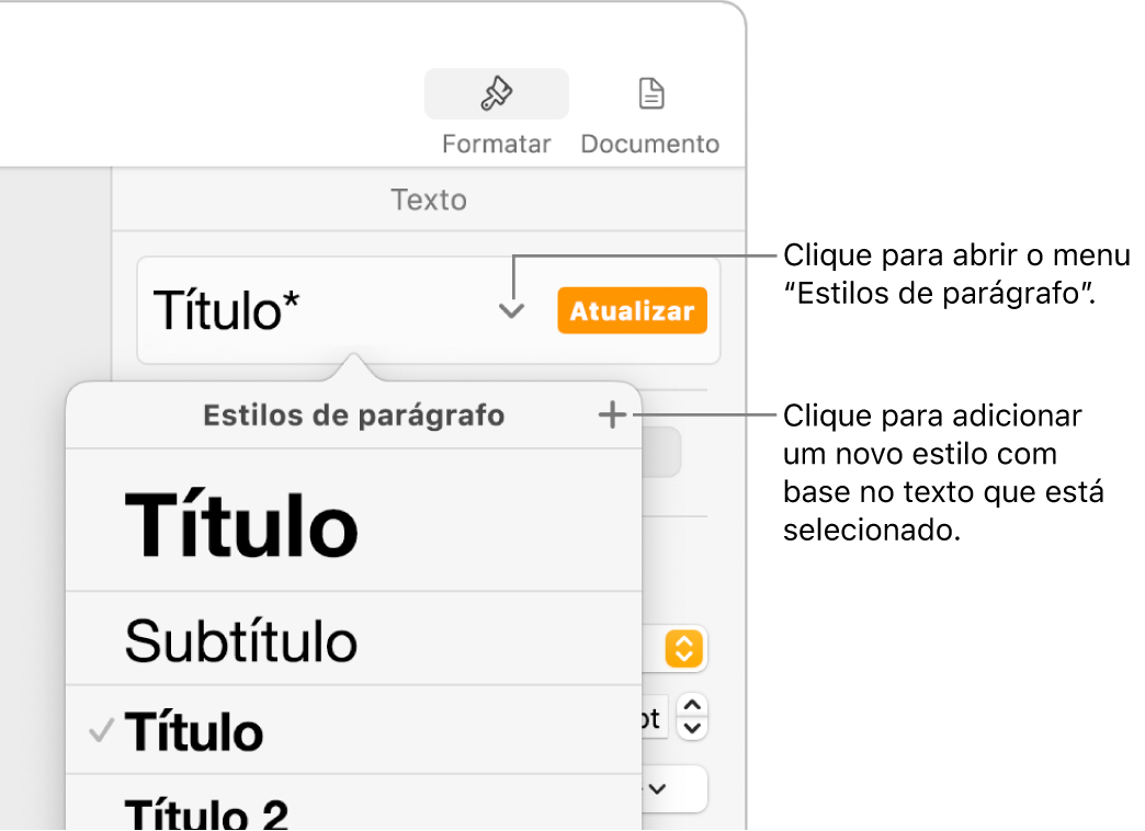 O menu “Estilos de parágrafo”, mostrando os controlos para adicionar ou alterar um estilo.