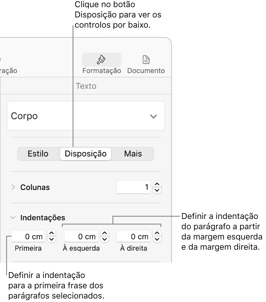 Controlos na secção “Disposição” da barra lateral “Formatação” para definir a indentação da primeira linha.
