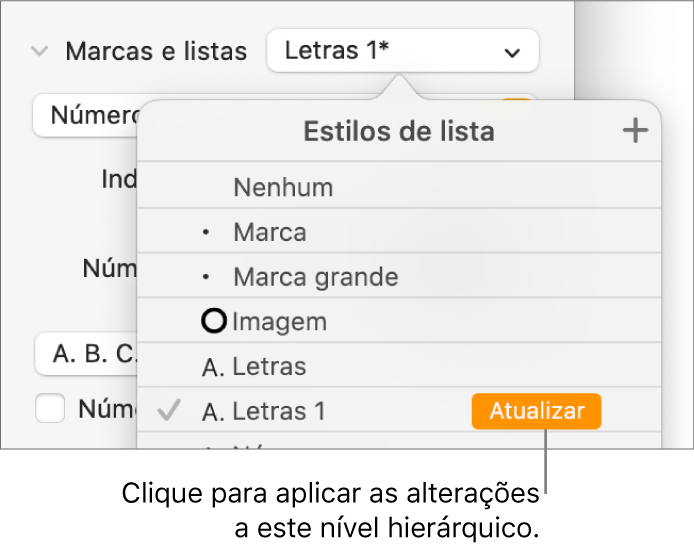 O menu pop-up “Estilos de lista” com um botão “Atualizar” junto ao nome do novo estilo.